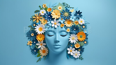 World mental health awareness day. Paper cutout woman head and flowers blue background