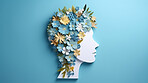 World mental health awareness day. Paper cutout woman head  and flowers blue background