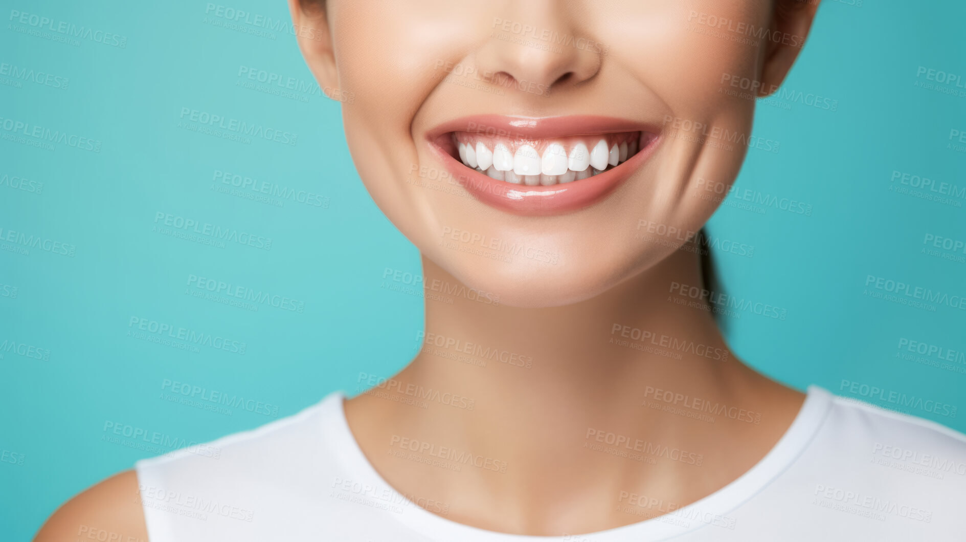 Buy stock photo Closeup of woman with a beautiful smile for dental care against a blue background