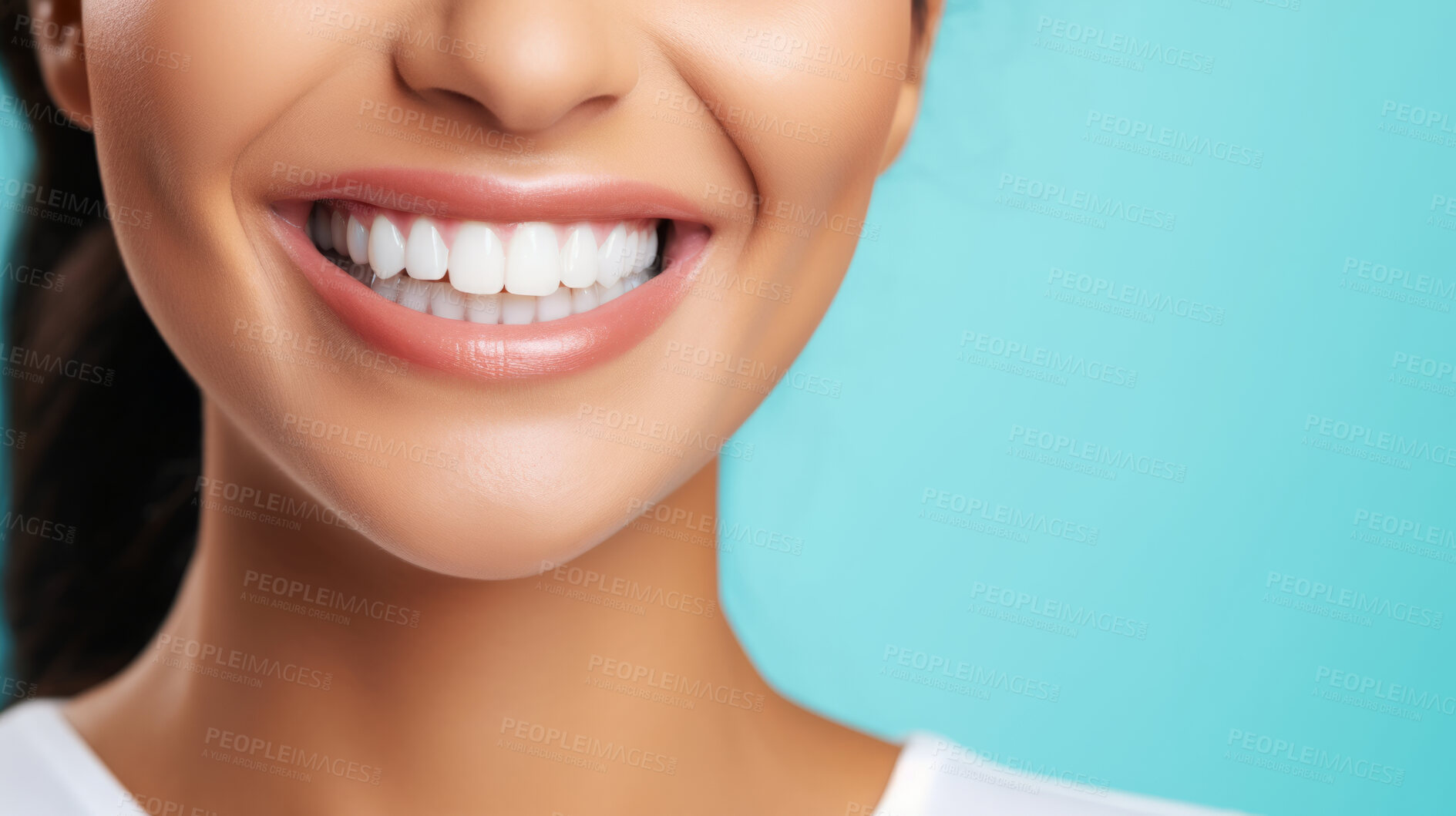 Buy stock photo Closeup of woman with a beautiful smile for dental care against a blue background