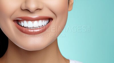 Buy stock photo Closeup of woman with a beautiful smile for dental care against a blue background