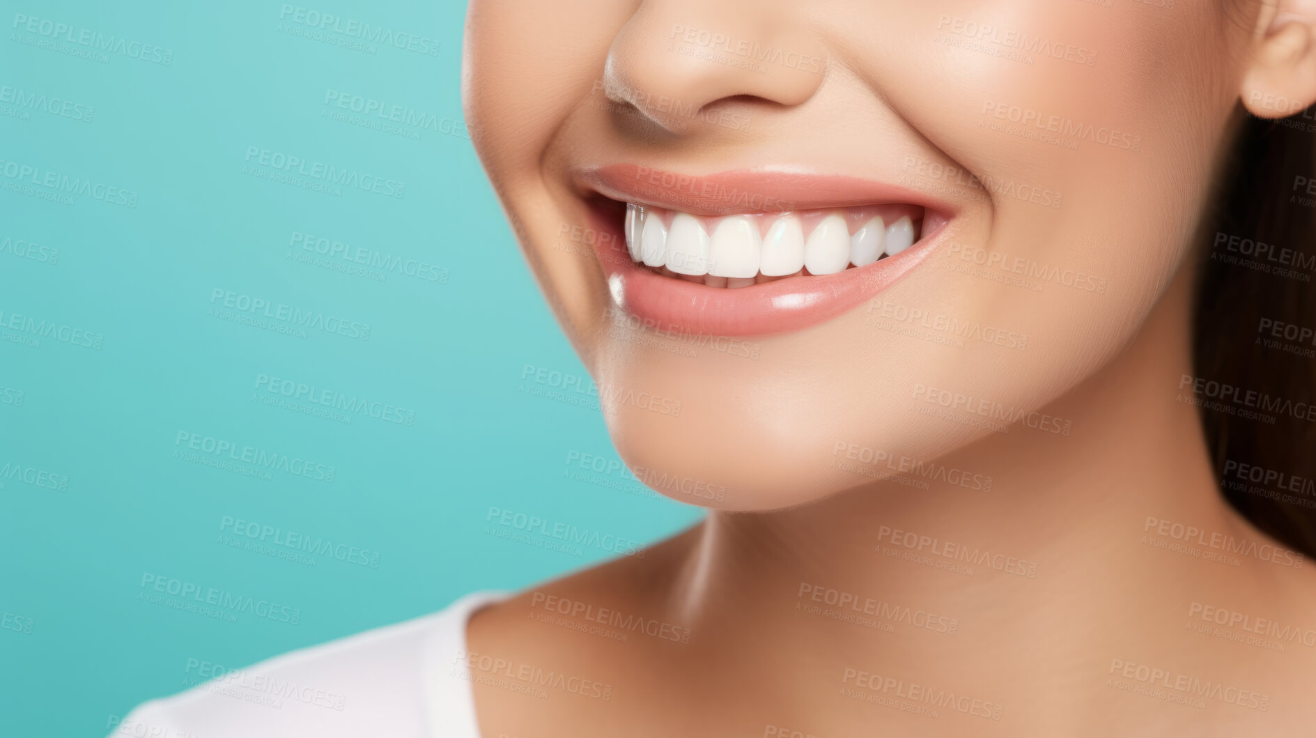 Buy stock photo Closeup of woman with a beautiful smile for dental care against a blue background