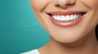 Buy stock photo Closeup of woman with a beautiful smile for dental care against a blue background