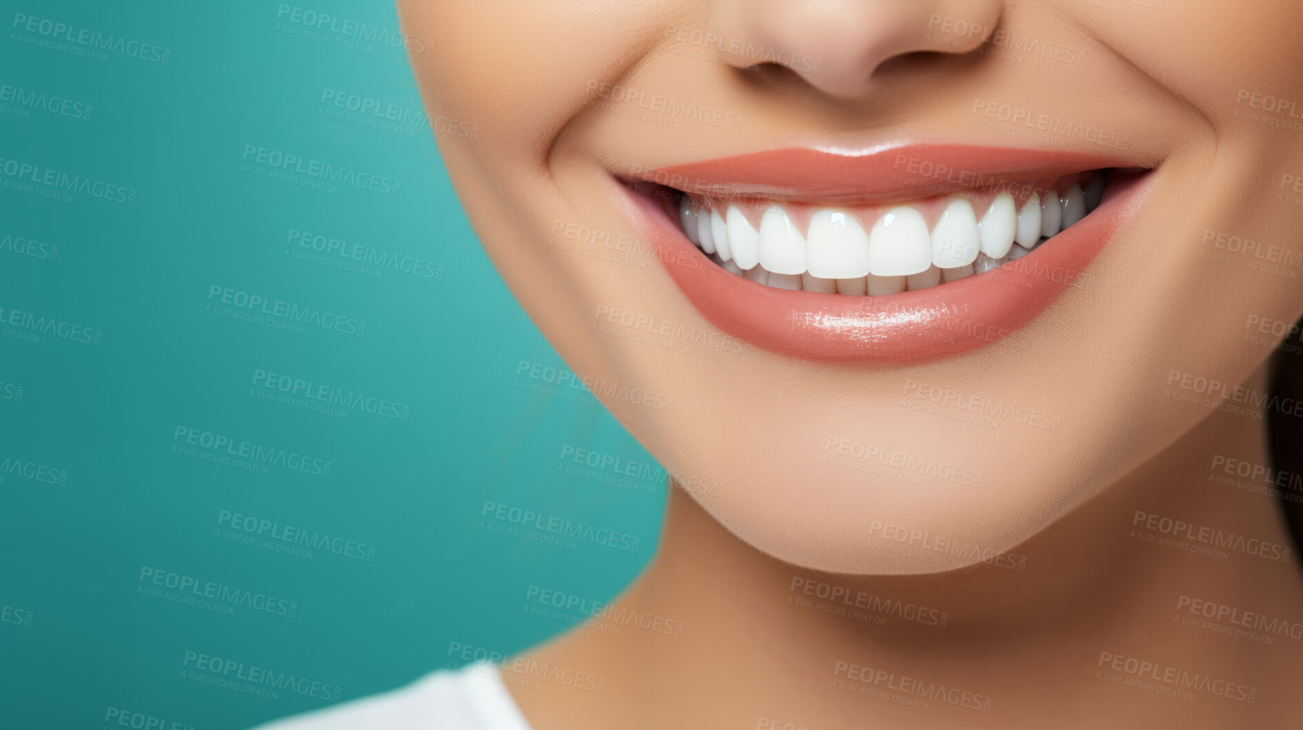 Buy stock photo Closeup of woman with a beautiful smile for dental care against a blue background