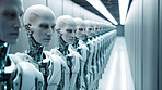 Group of cyborgs or robots in factory. Robotic employment or human replacement concept