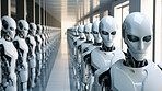 Group of cyborgs or robots in factory. Robotic employment or human replacement concept