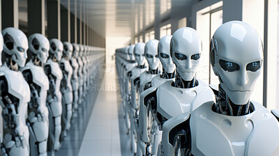 Group of cyborgs or robots in factory. Robotic employment or human replacement concept
