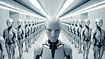 Group of cyborgs or robots in factory. Robotic employment or human replacement concept