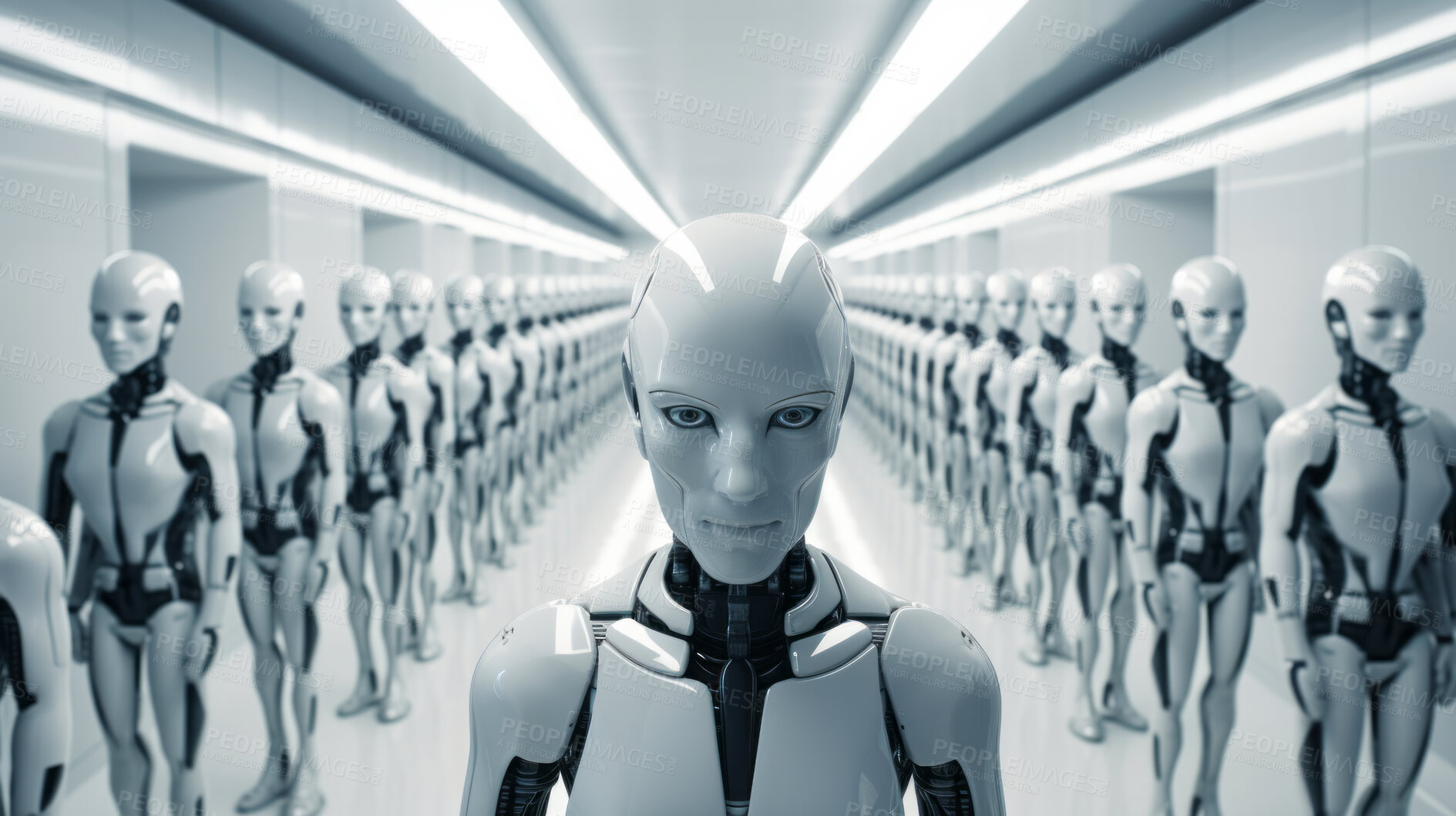 Buy stock photo Group of cyborgs or robots in factory. Robotic employment or human replacement concept
