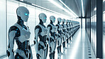 Group of cyborgs or robots in factory. Robotic employment or human replacement concept