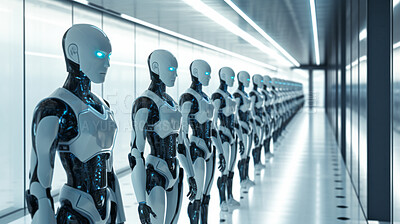 Group of cyborgs or robots in factory. Robotic employment or human replacement concept