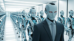 Group of cyborgs or robots in factory. Robotic employment or human replacement concept