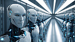 Group of cyborgs or robots in factory. Robotic employment or human replacement concept