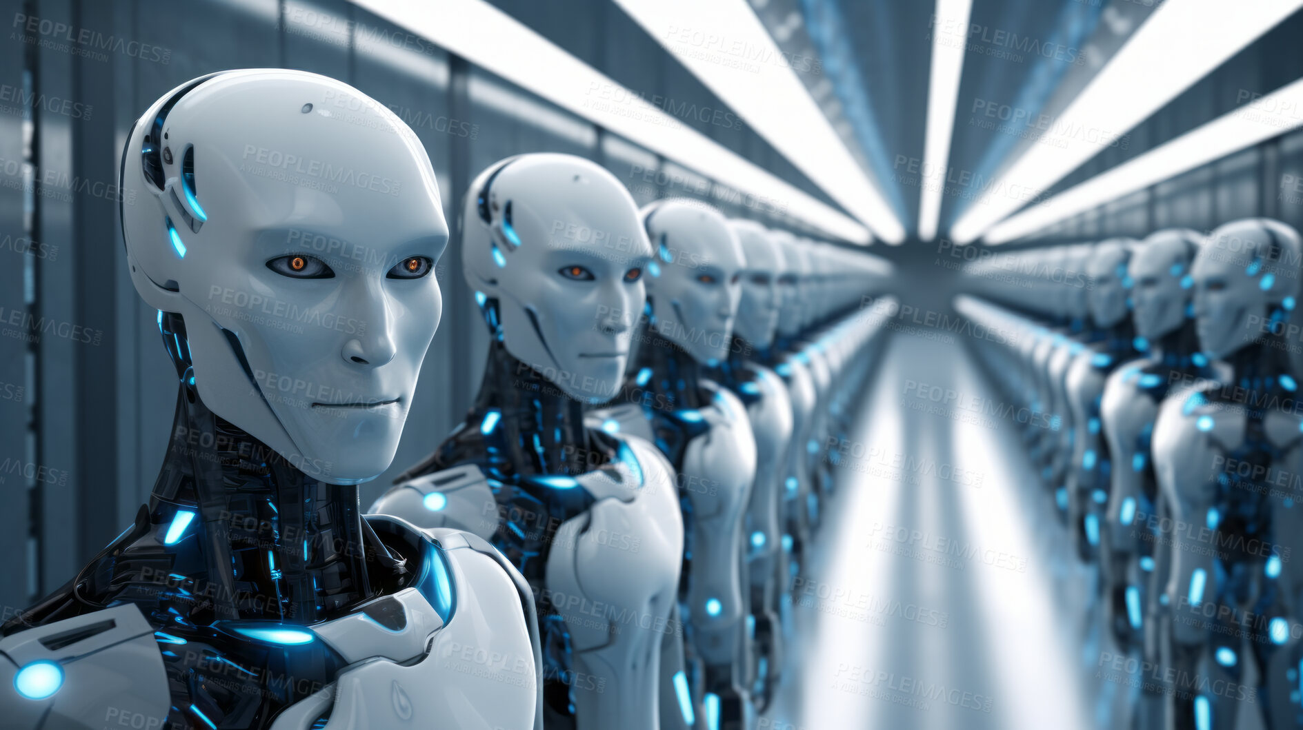 Buy stock photo Group of cyborgs or robots in factory. Robotic employment or human replacement concept