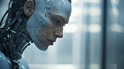 Closeup of robot head. Female robot face, Artificial intelligence concept