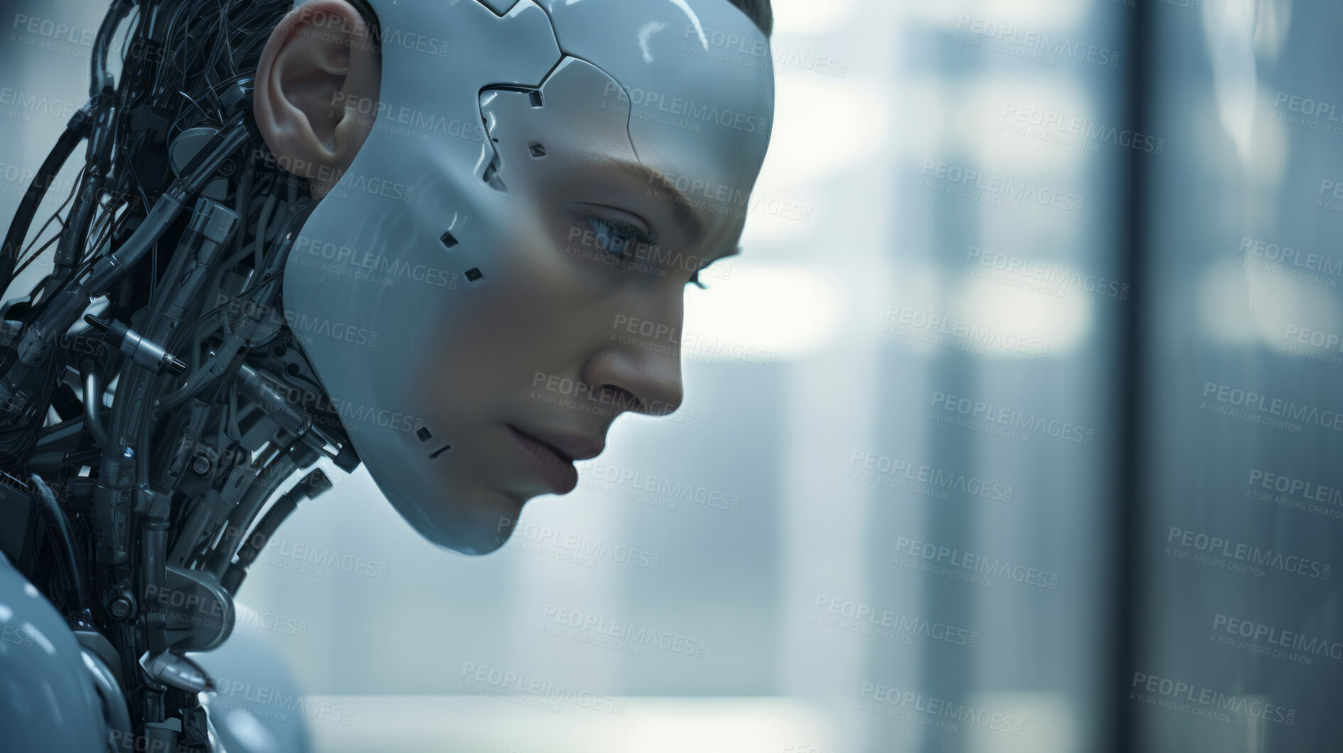 Buy stock photo Closeup of robot head. Female robot face, Artificial intelligence concept