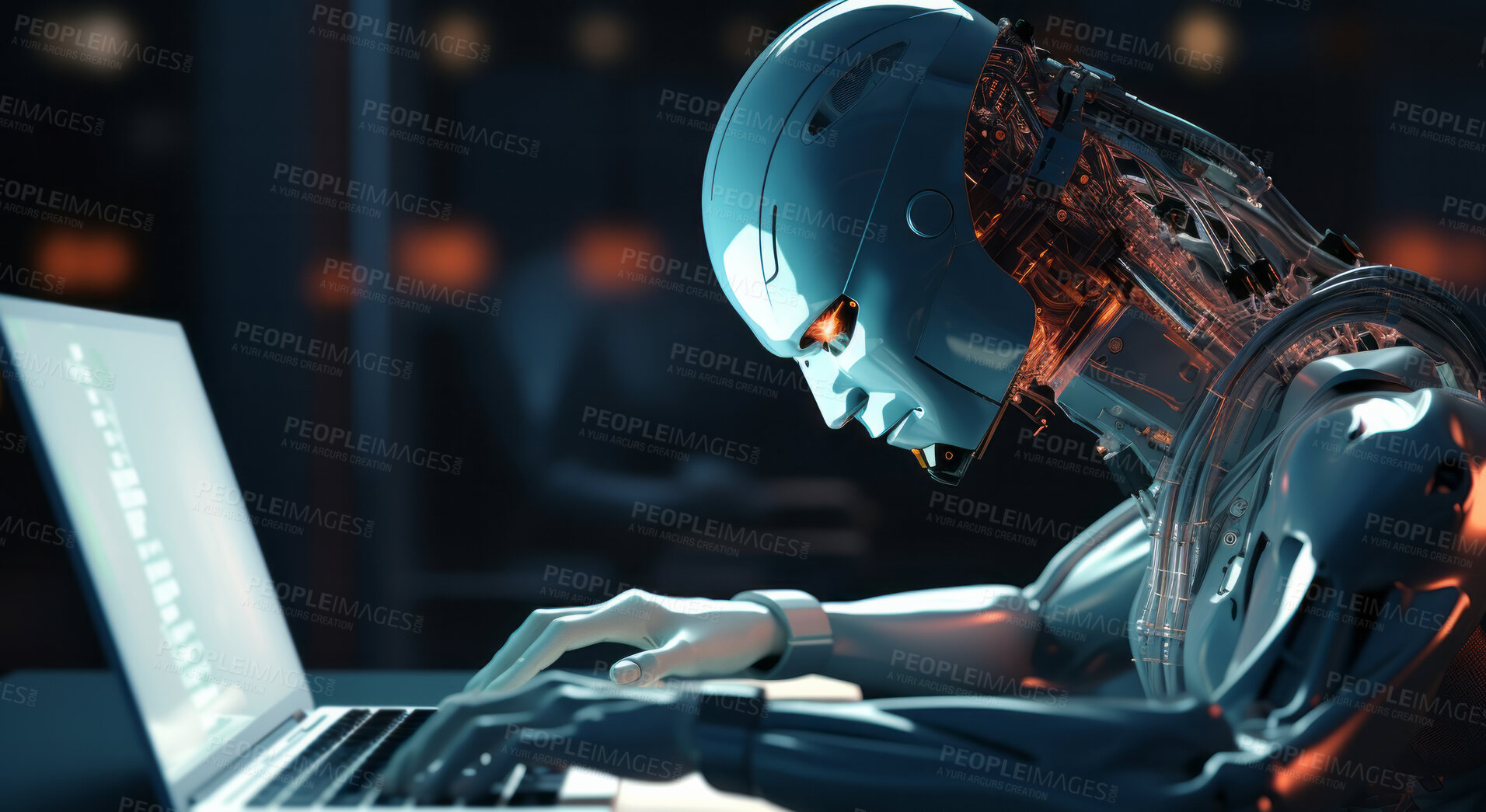 Buy stock photo Robot using laptop studying online education or hacking for cyber security