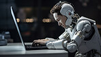 Robot using laptop studying online education or hacking for cyber security