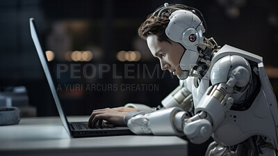 Robot using laptop studying online education or hacking for cyber security