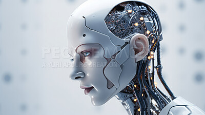 Closeup of robot head. Female robot face, Artificial intelligence concept