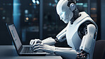 Robot using laptop studying online education or hacking for cyber security