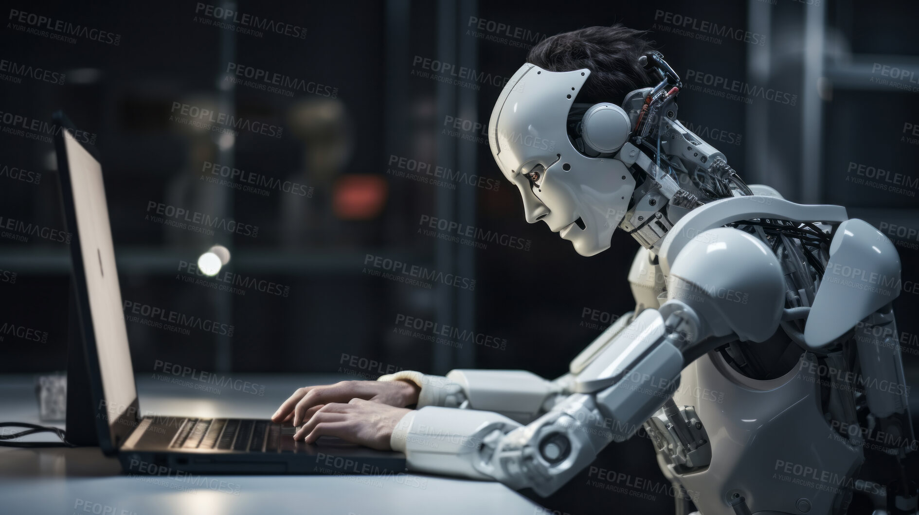 Buy stock photo Robot using laptop studying online education or hacking for cyber security