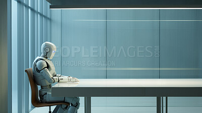 Robot thinking sitting in a boardroom or office. Business or employment concept