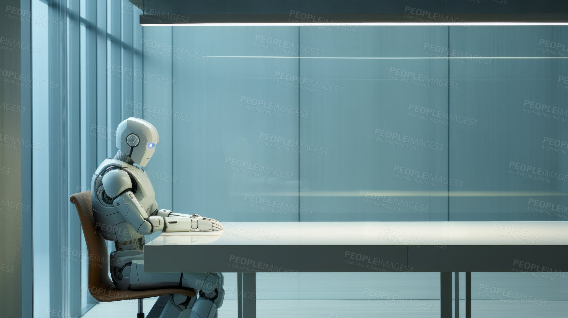 Buy stock photo Robot thinking sitting in a boardroom or office. Business or employment concept