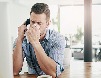 Buy stock photo Business man, blowing nose and phone call with allergy, virus and tissues for healthcare at desk. Sick young businessman, allergies or tired of hayfever, toilet paper and cleaning mucus in workplace