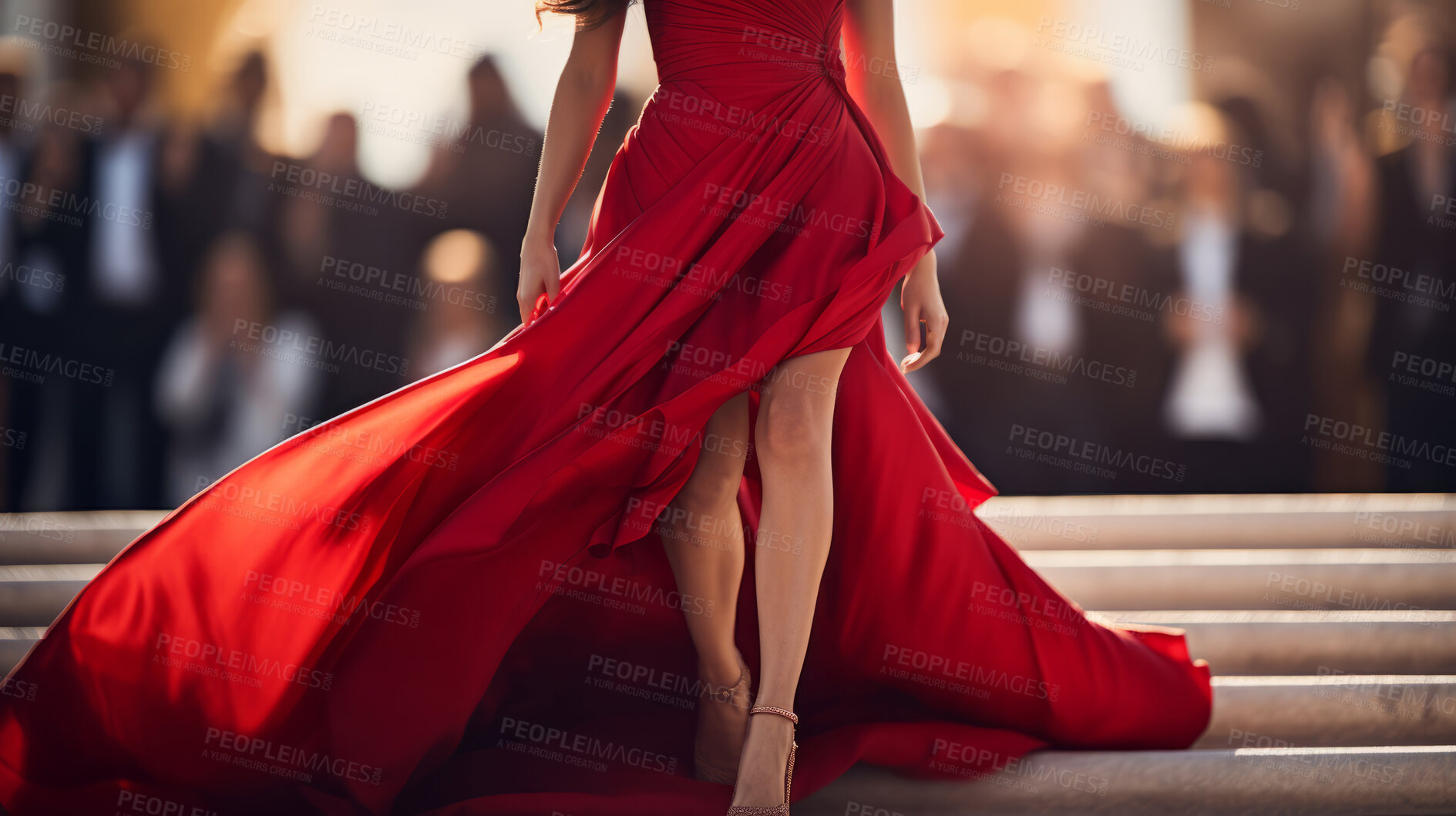 Buy stock photo Woman in red dress on celebrity red carpet. Festive award ceremony event