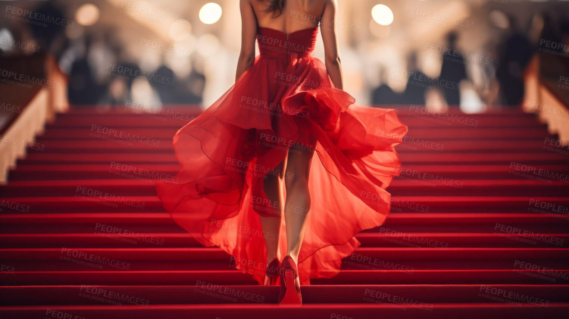 Buy stock photo Woman in red dress on celebrity red carpet. Festive award ceremony event