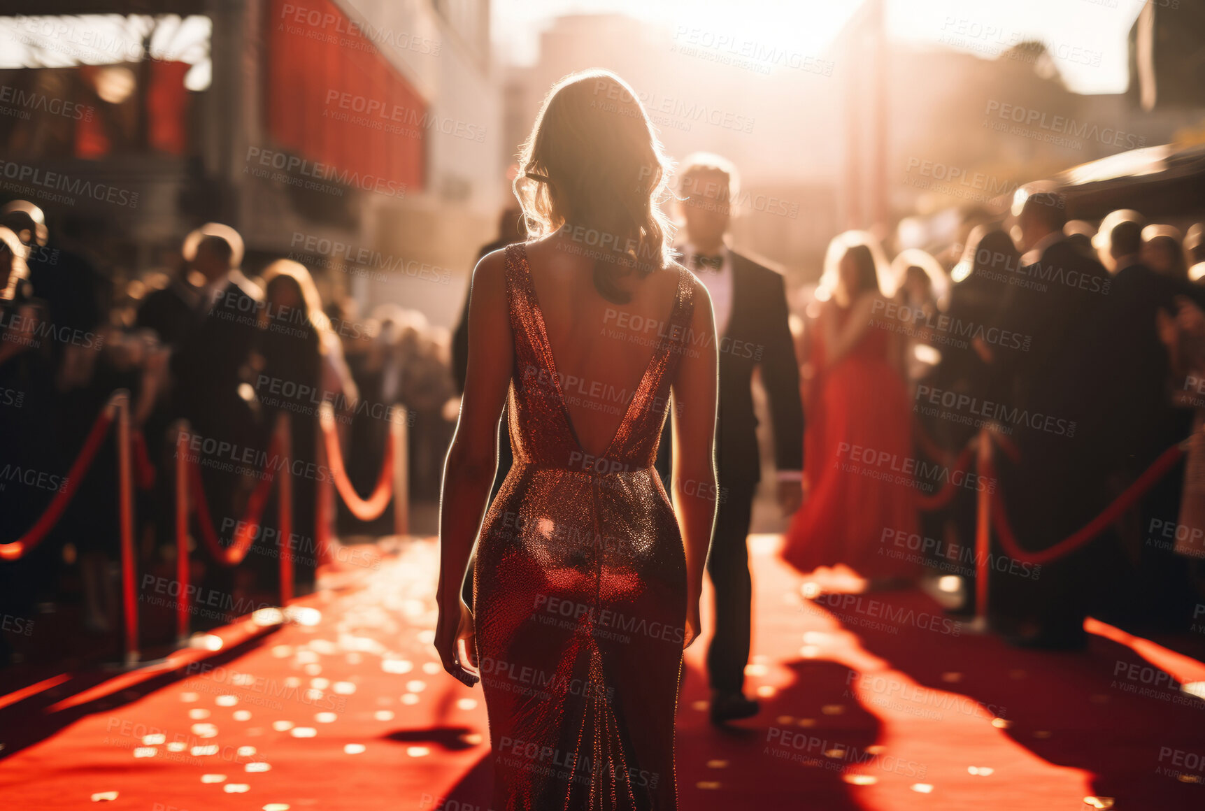 Buy stock photo Woman in golden dress on celebrity red carpet. Festive award ceremony event