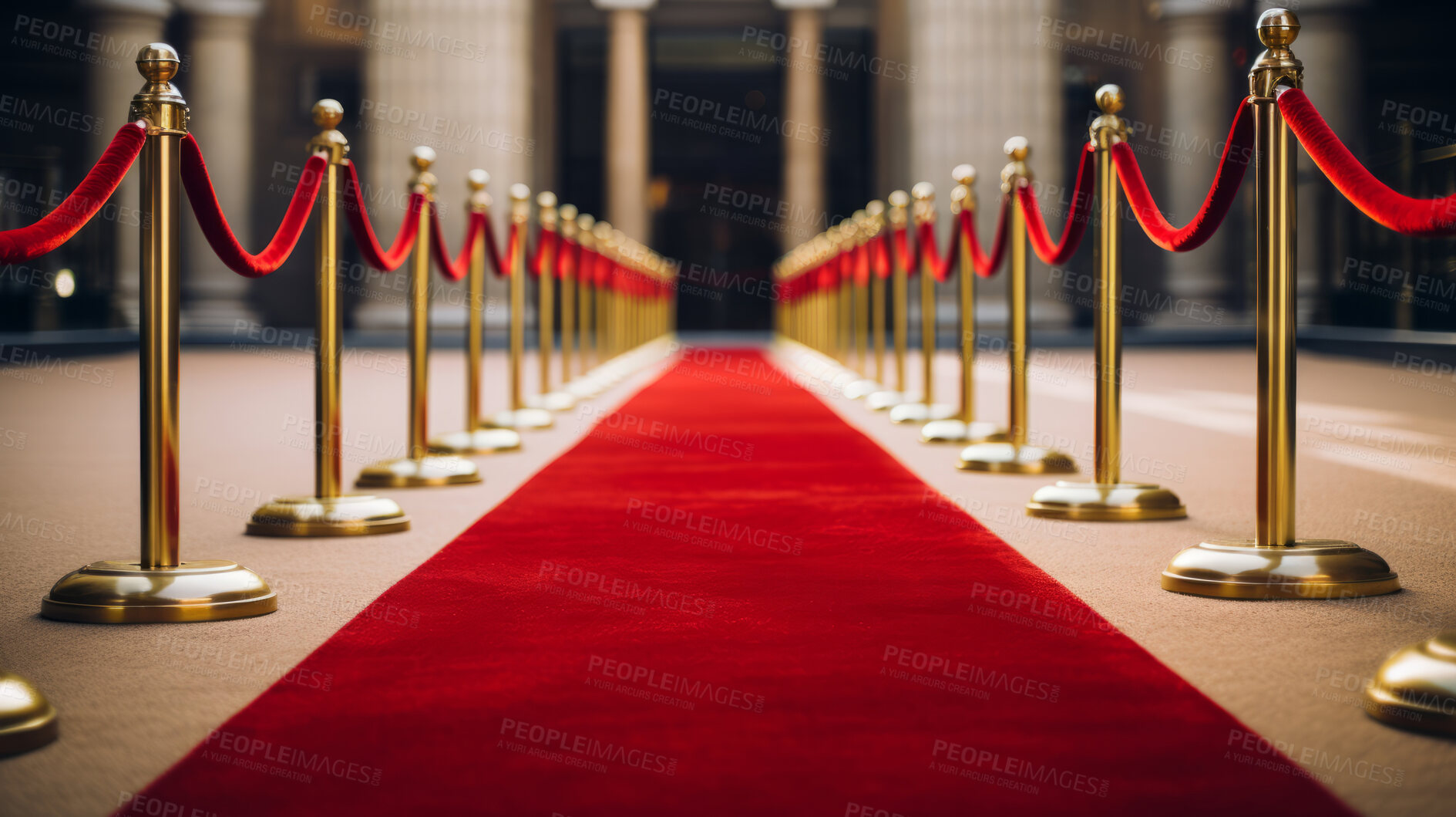 Buy stock photo Red carpet entrance path with barriers. Festive award ceremony event