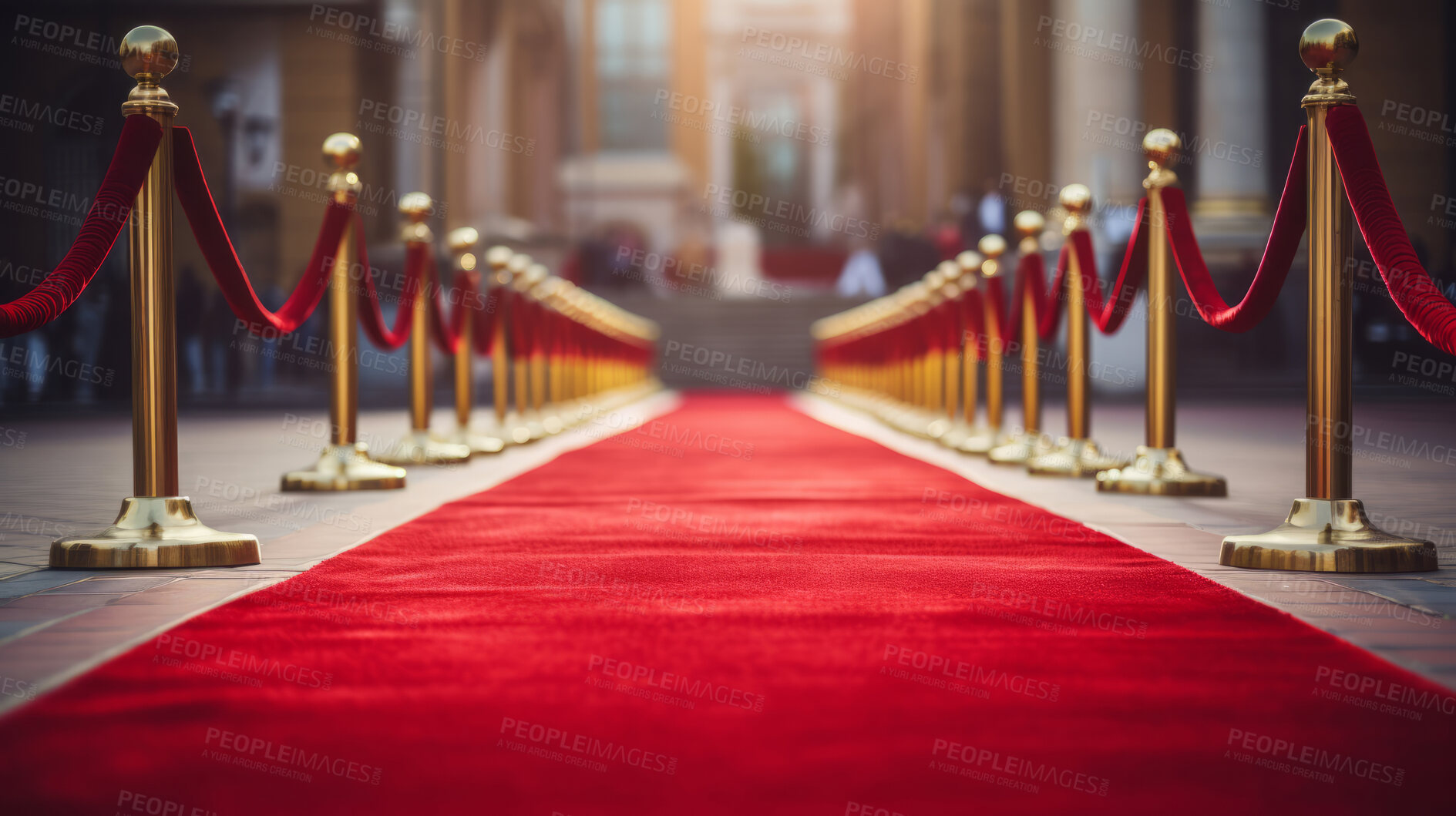 Buy stock photo Red carpet entrance path with barriers. Festive award ceremony event