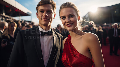 Couple of stars on celebrity red carpet. Festive award ceremony event