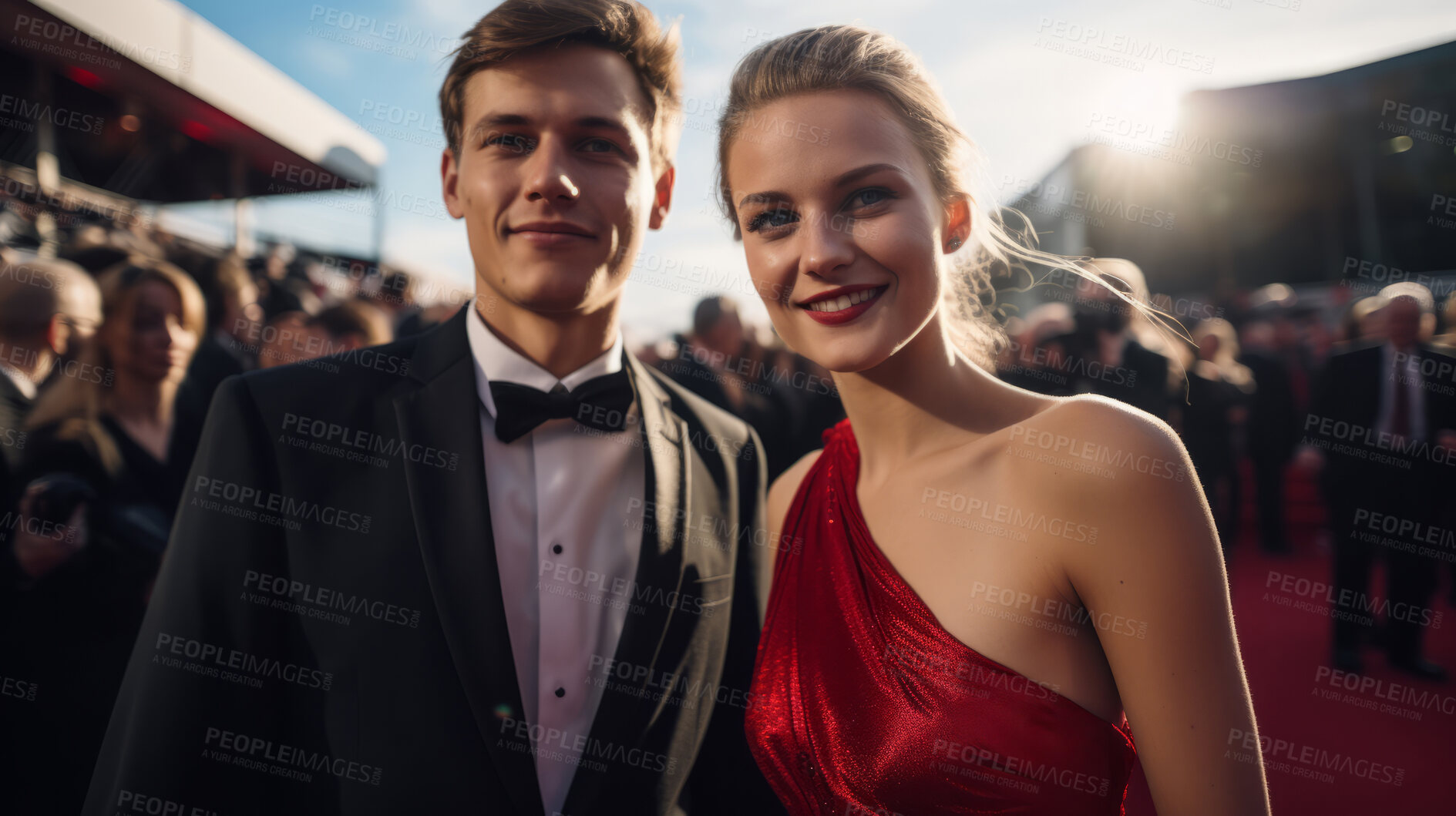 Buy stock photo Couple of stars on celebrity red carpet. Festive award ceremony event