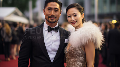 Couple of stars on celebrity red carpet. Festive award ceremony event