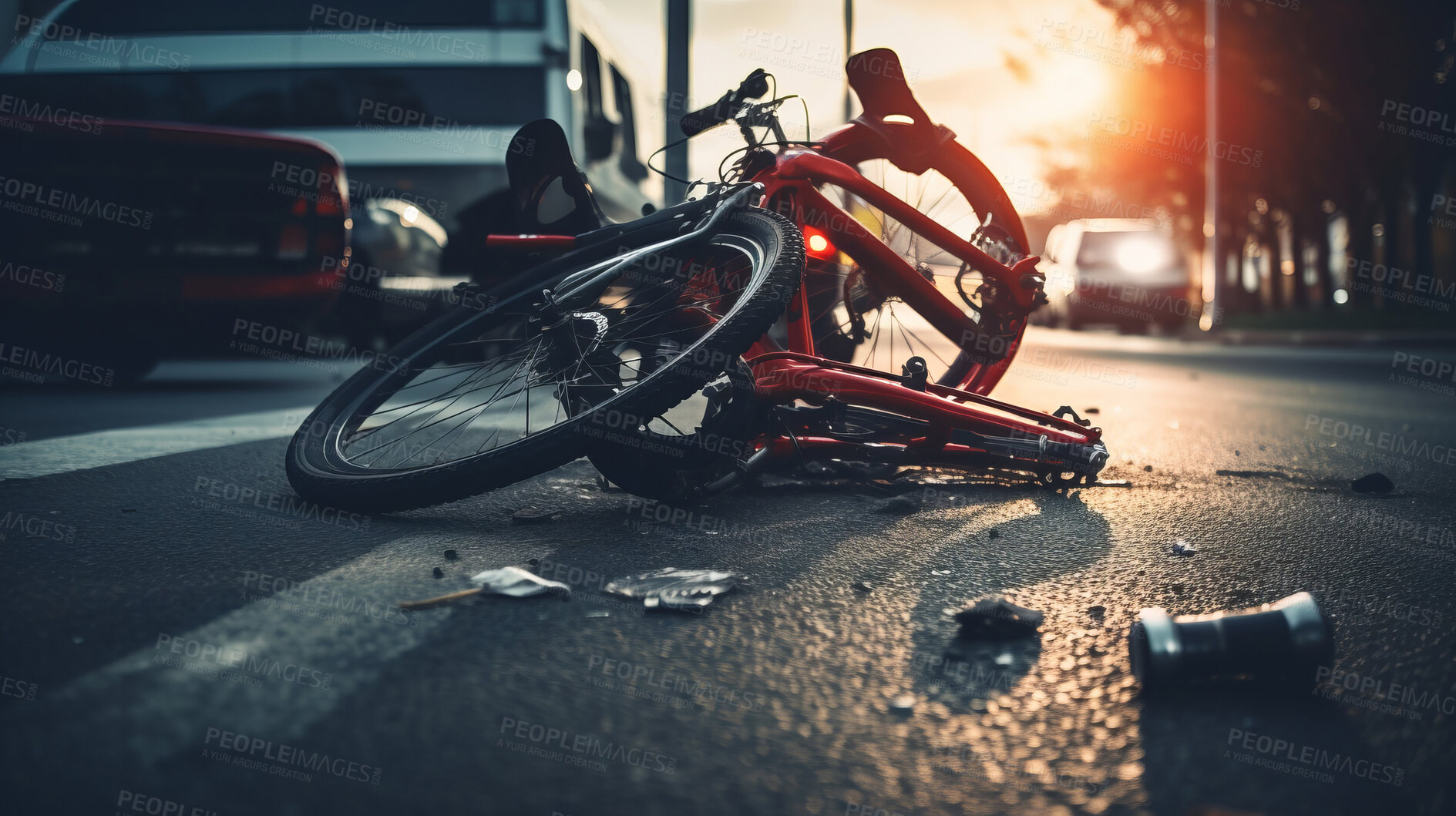 Buy stock photo Bicycle accident in road. Broken bike after dangerous crash in city street.