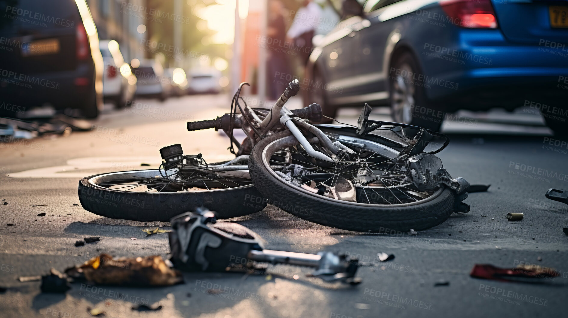 Buy stock photo Bicycle accident in road. Broken bike after dangerous crash in city street.