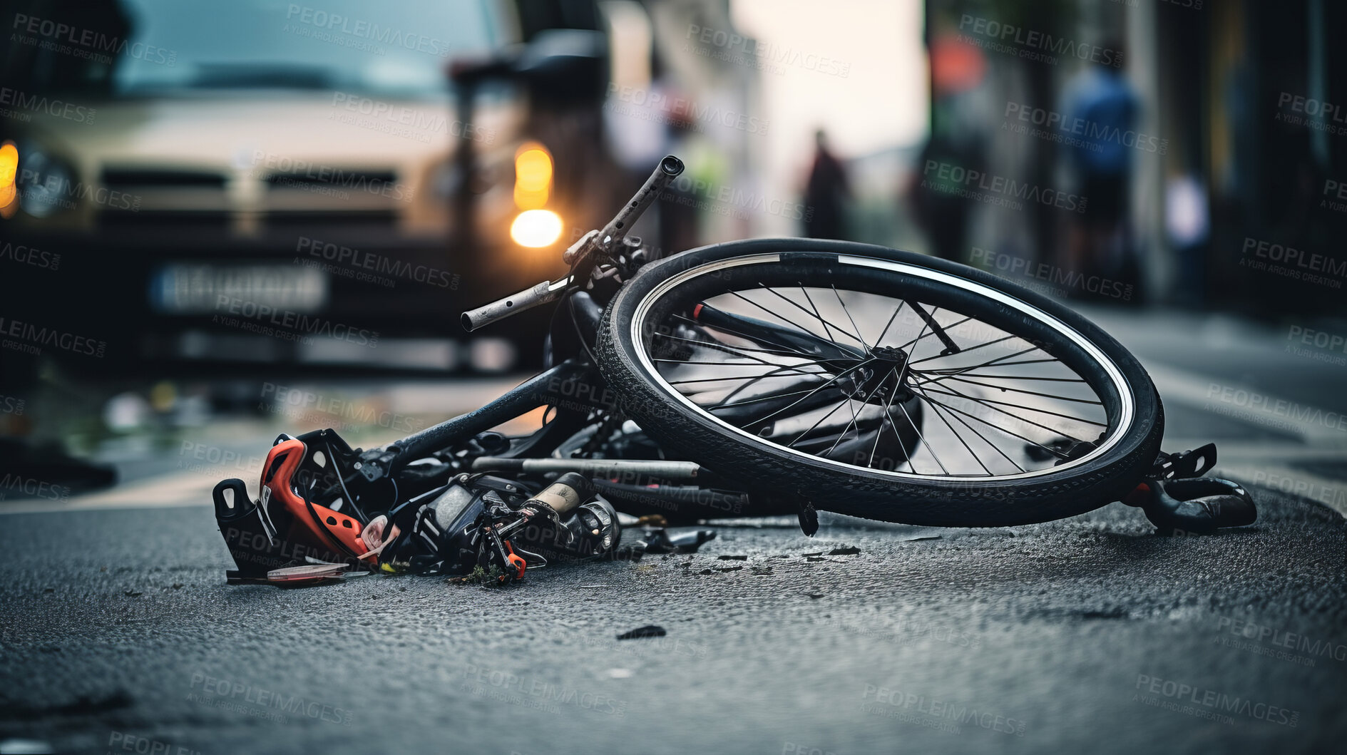 Buy stock photo Bicycle accident in road. Broken bike after dangerous crash in city street.