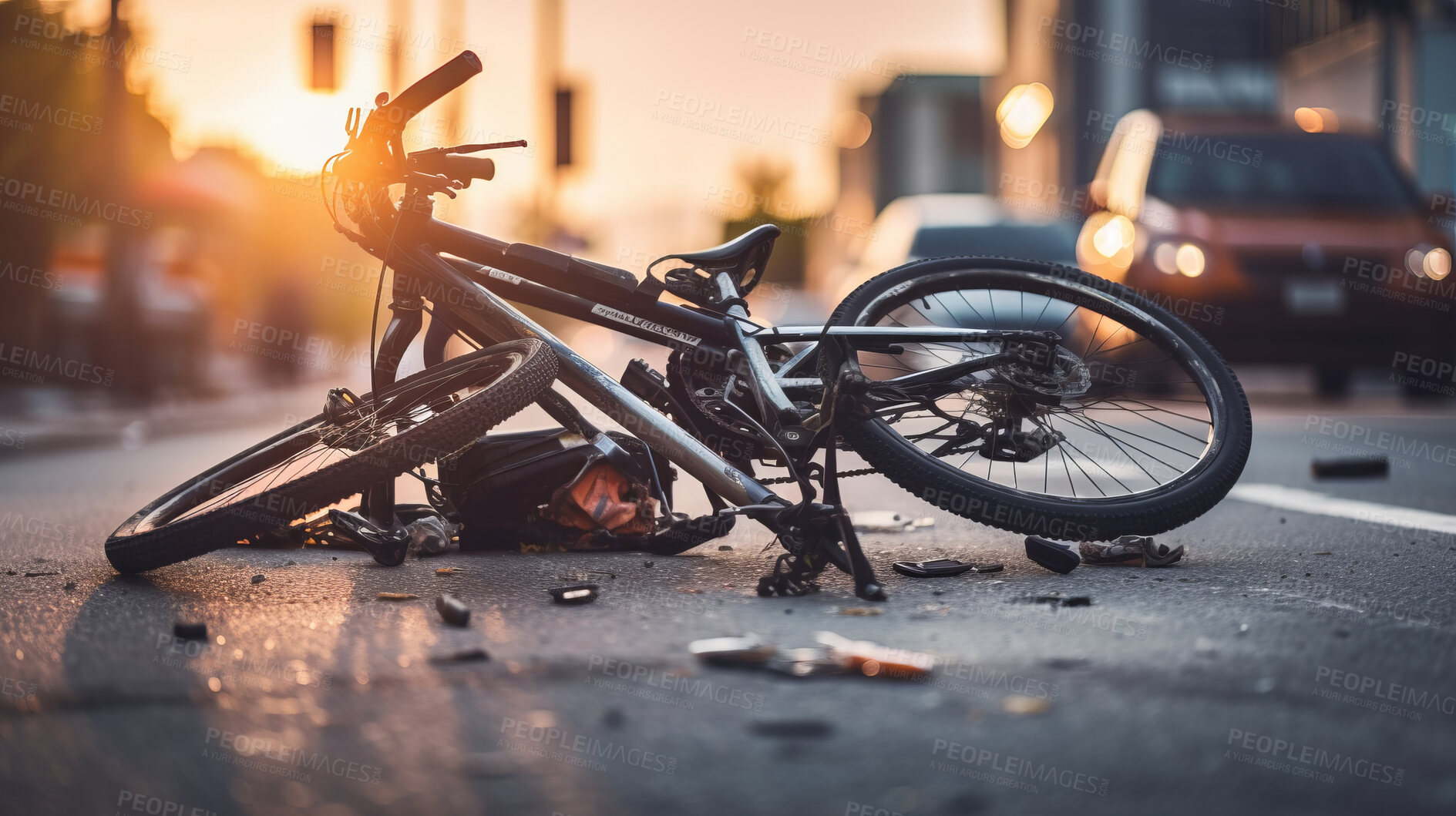 Buy stock photo Bicycle accident in road. Broken bike after dangerous crash in city street.