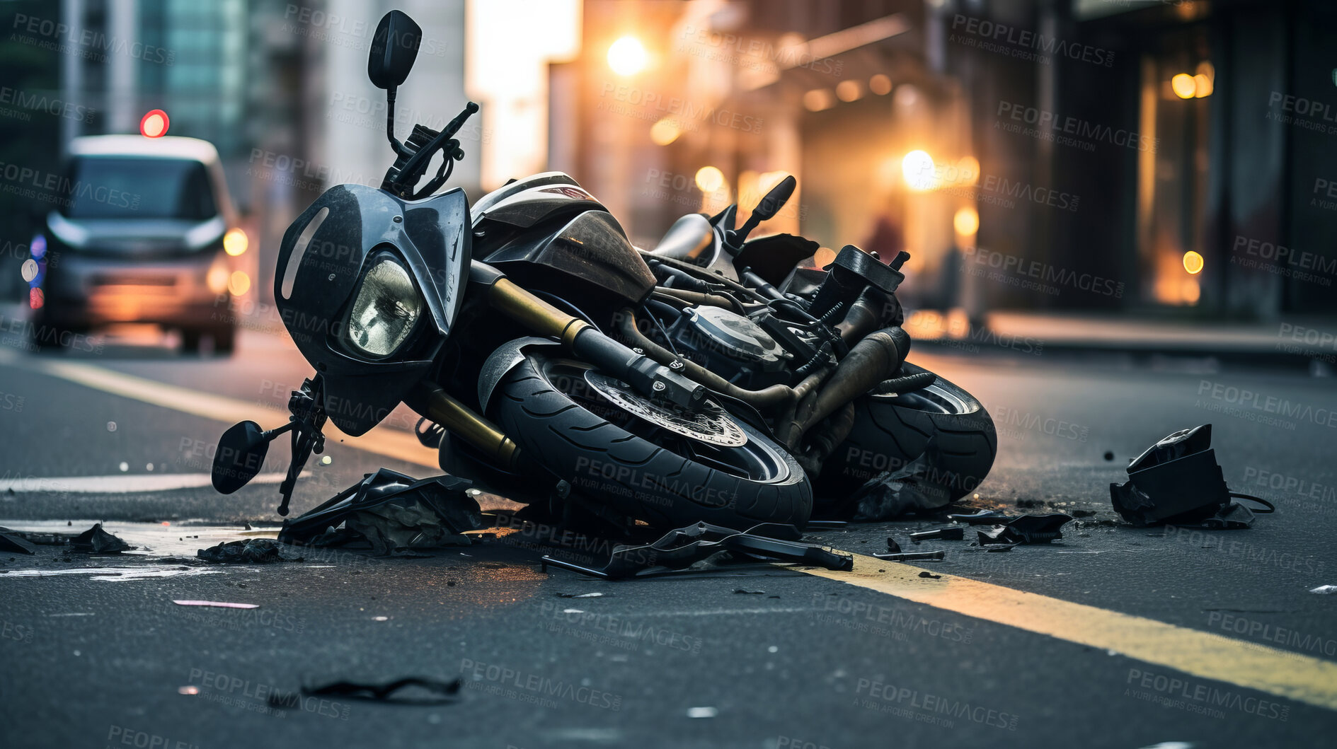 Buy stock photo Bicycle accident in road. Broken bike after dangerous crash in city street.