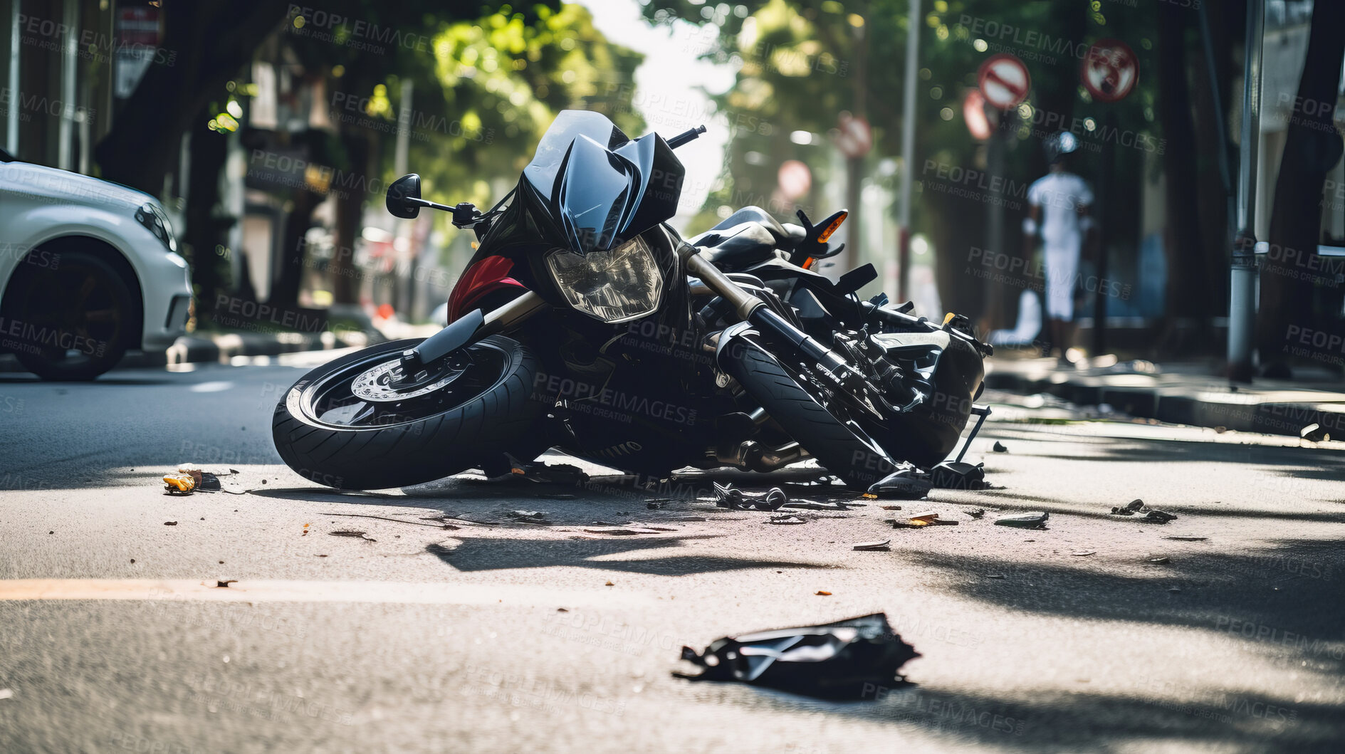 Buy stock photo Motorcycle accident in road. Broken bike after dangerous crash in city street.