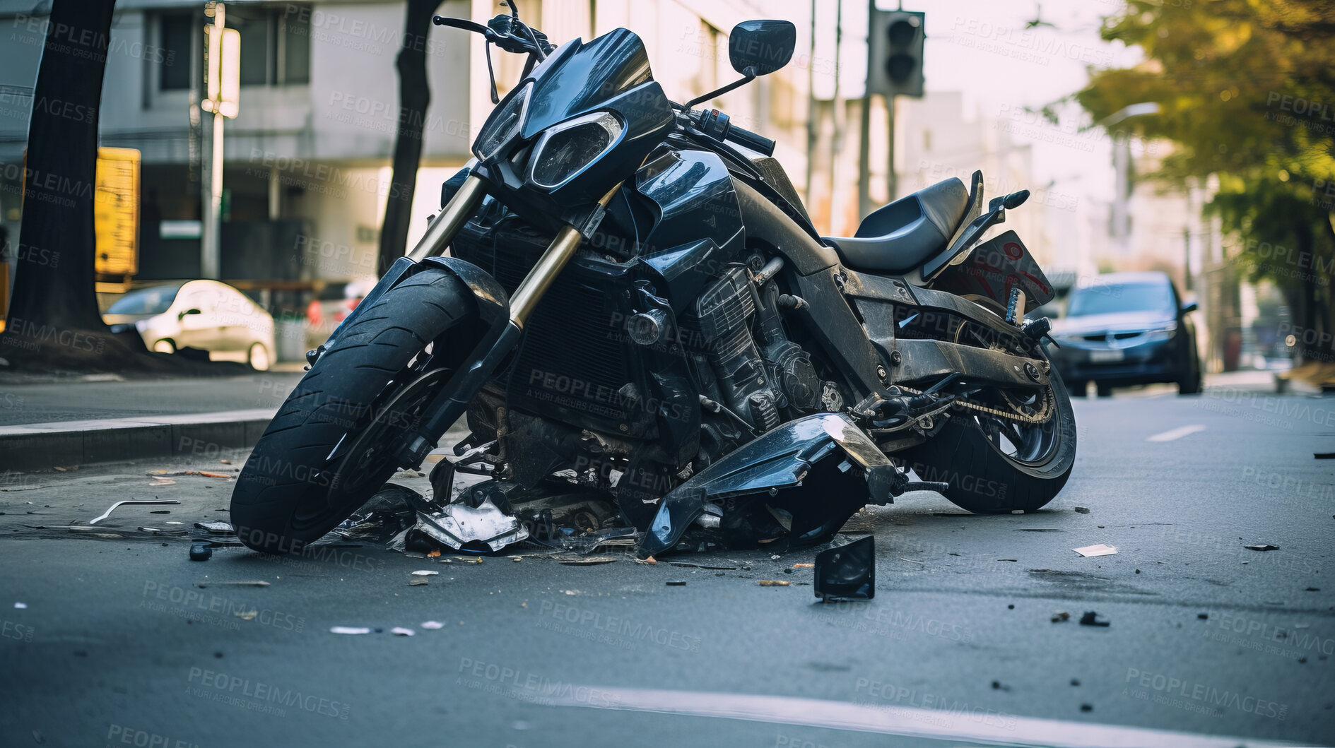 Buy stock photo Motorcycle accident in road. Broken bike after dangerous crash in city street.