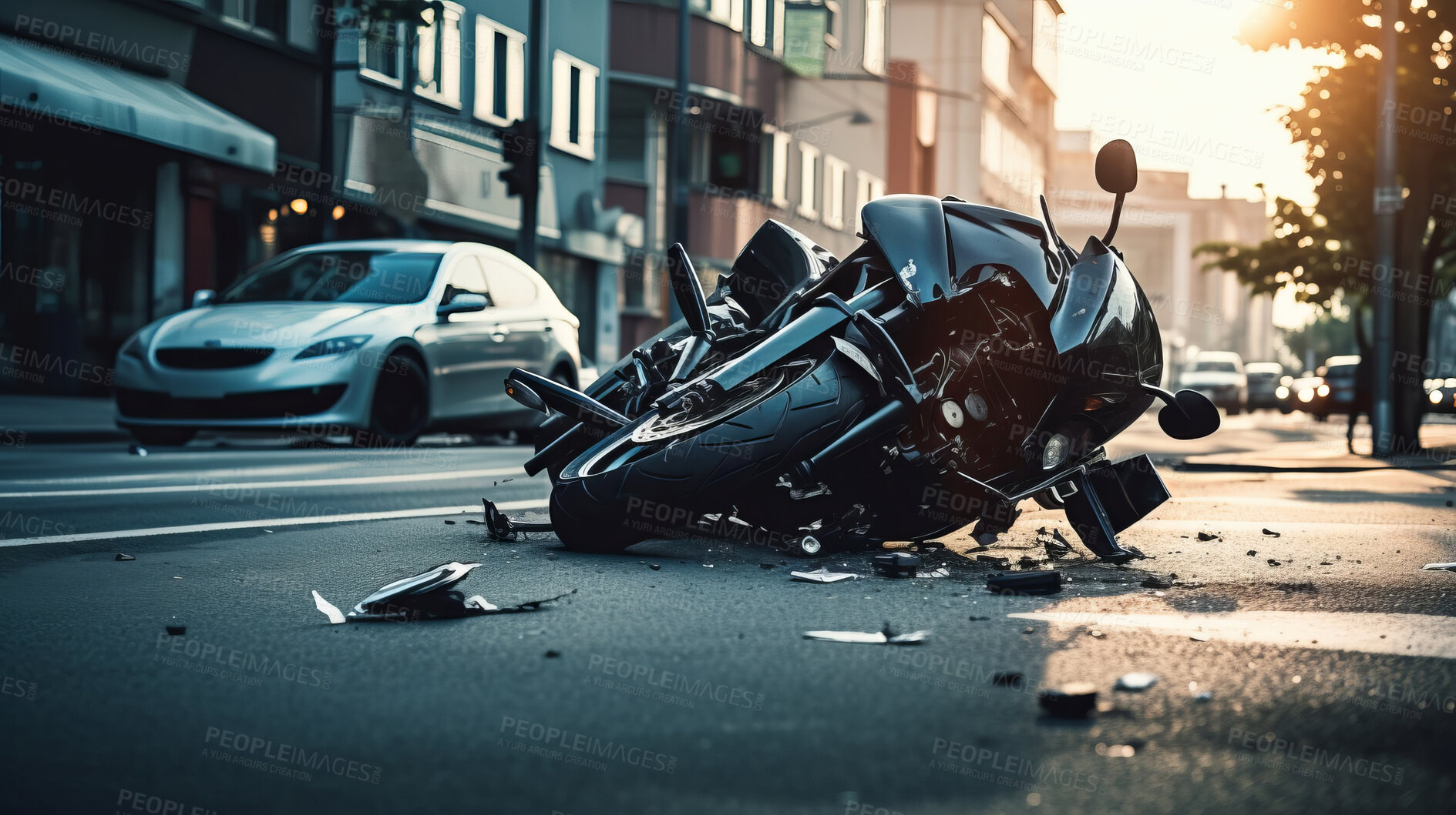 Buy stock photo Motorcycle accident in road. Broken bike after dangerous crash in city street.