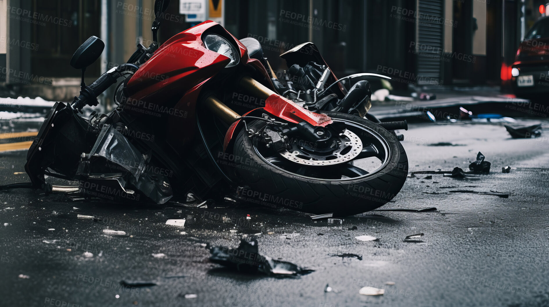 Buy stock photo Motorcycle accident in road. Broken bike after dangerous crash in city street.