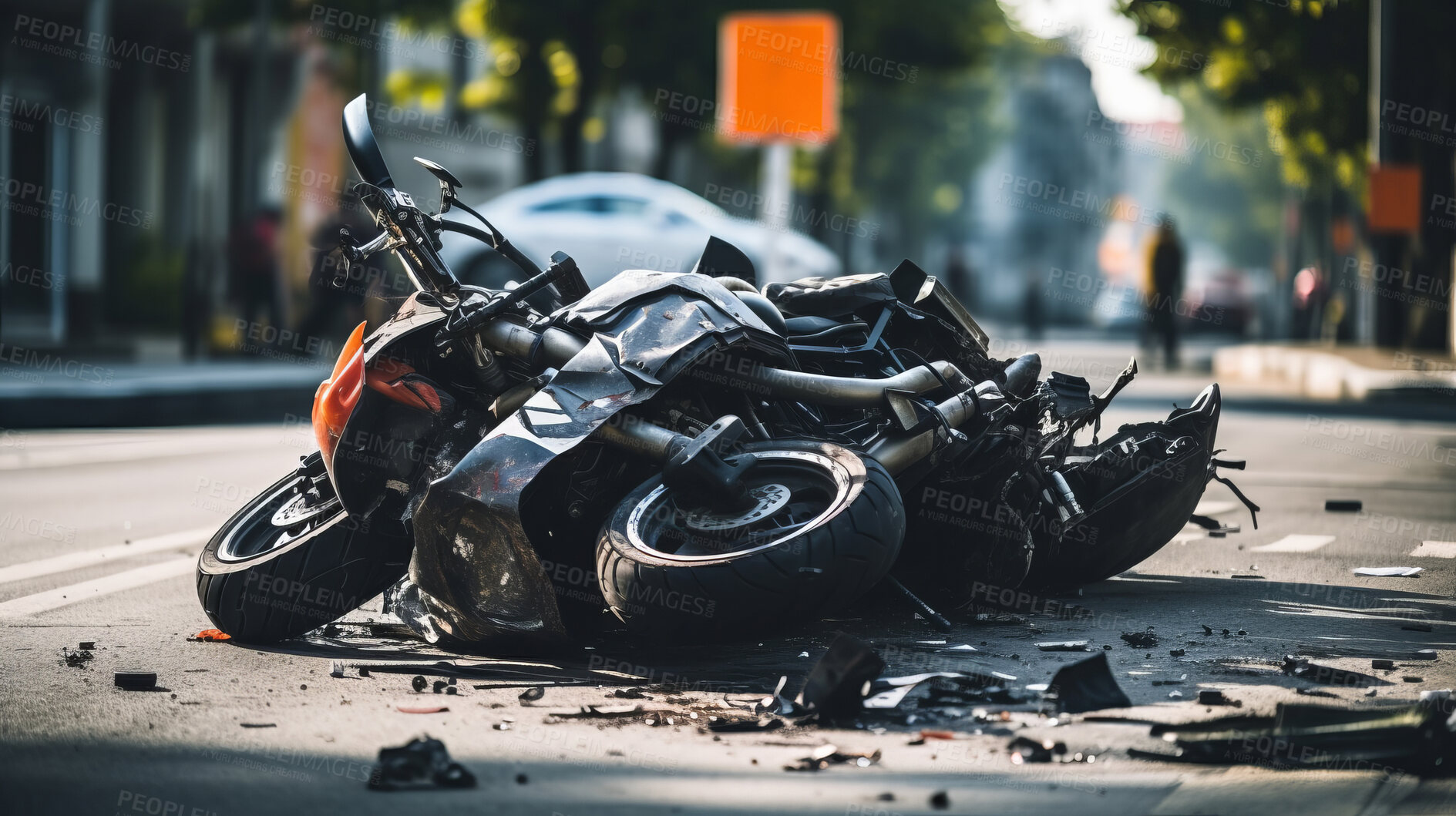 Buy stock photo Motorcycle accident in road. Broken bike after dangerous crash in city street.