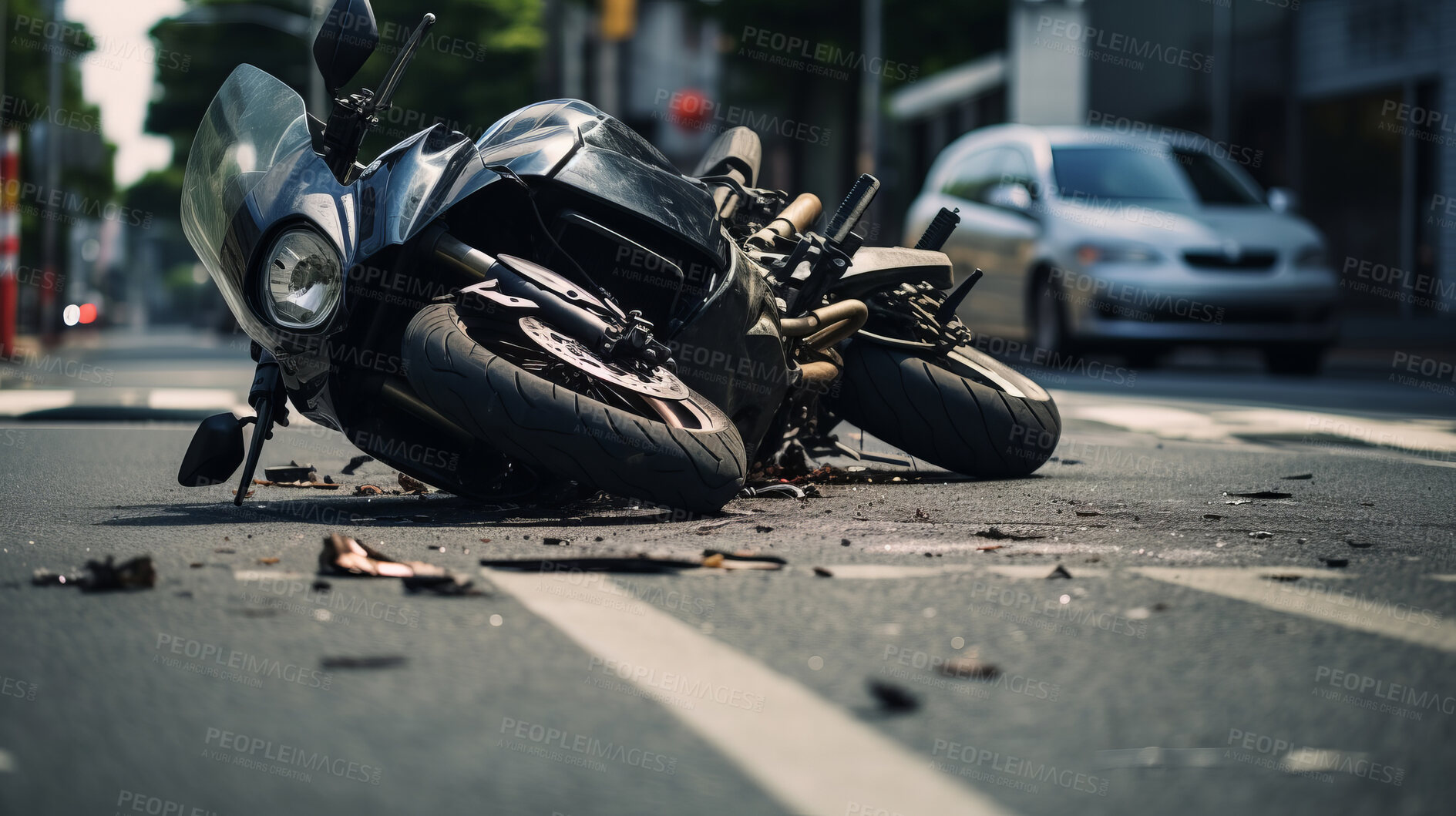 Buy stock photo Motorcycle accident in road. Broken bike after dangerous crash in city street.