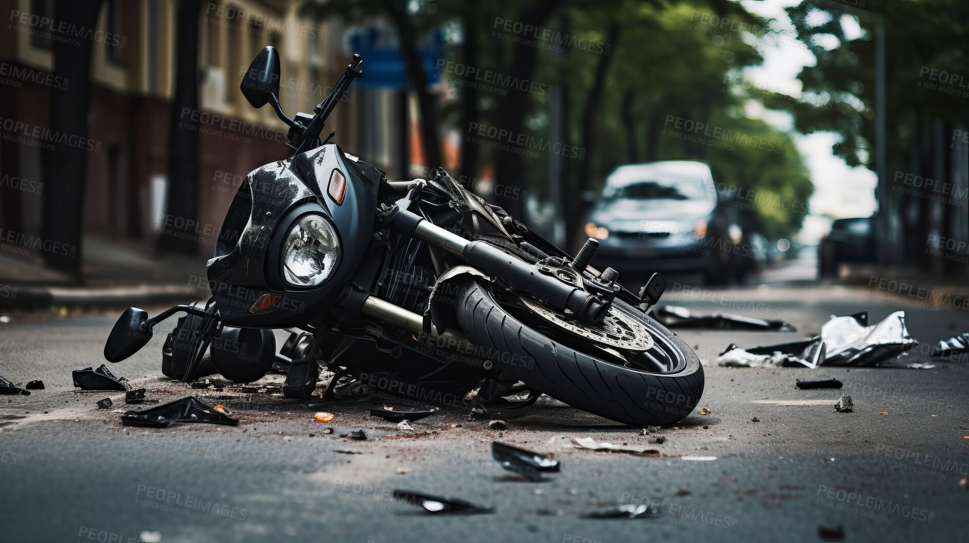 Buy stock photo Motorcycle accident in road. Broken bike after dangerous crash in city street.