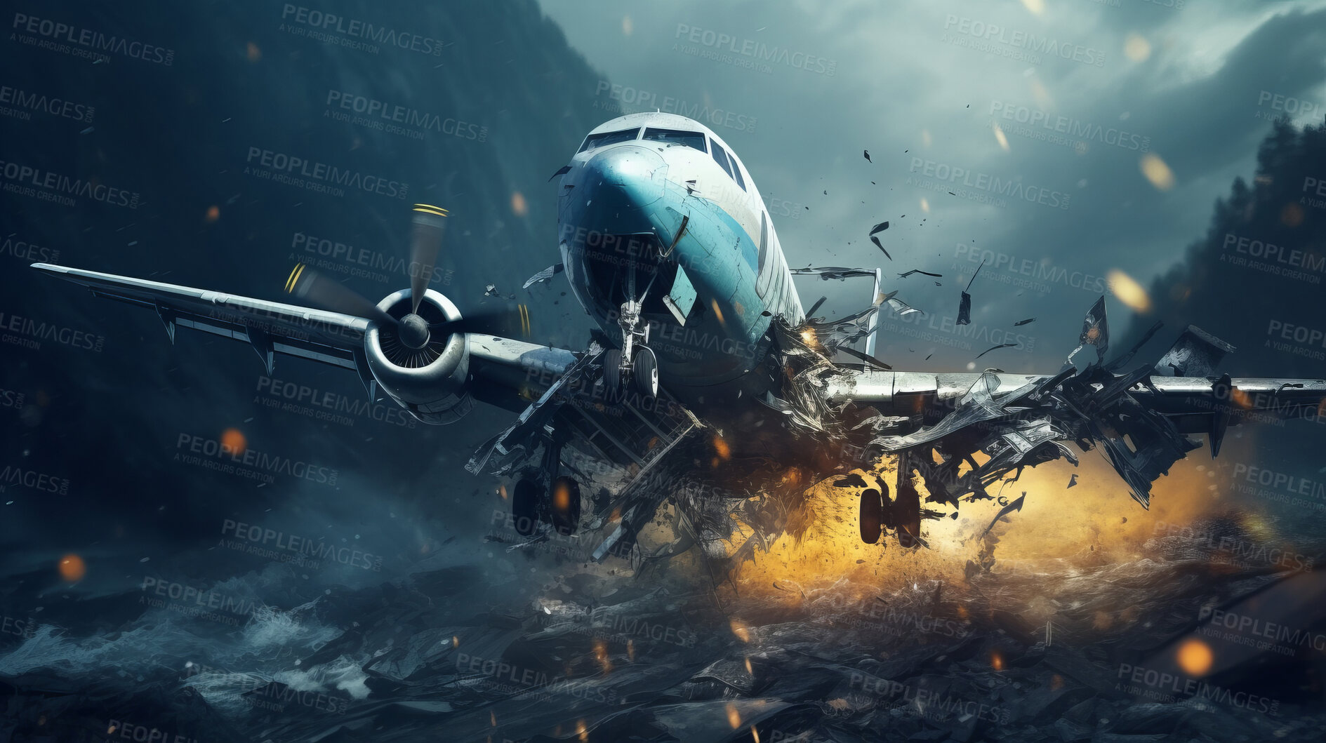 Buy stock photo Dramatic plane crash. Airplane emergency accident concept.